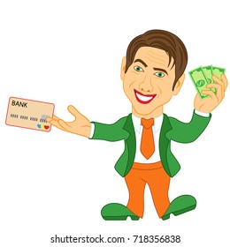 Smiling and joyful man holds the dollar bills and credit card, cartoon vector illustration