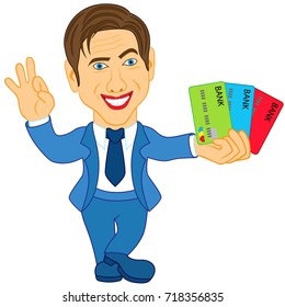 Smiling and joyful man holds three credit cards and gesticulate Okay, concept cartoon vector illustration