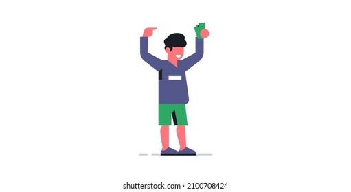 Smiling and joyful man showing a wad of money in his hand. Vector illustration isolated on white background.