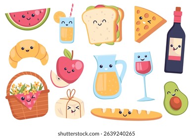 Smiling joyful picnic food and drink cartoon kawaii characters set isolated on white background. Sweet dessert, delicious snacks, smoothie, lemonade and wine anthropomorphic mascot vector illustration