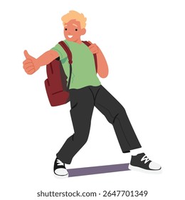 Smiling alegre personagem de desenho animado escolar mostrando miniaturas transmitindo entusiasmo e espírito de aprendizagem isolado no fundo branco. Estudante do sexo masculino incorporando alegria sendo de volta à escola ilustração vetorial