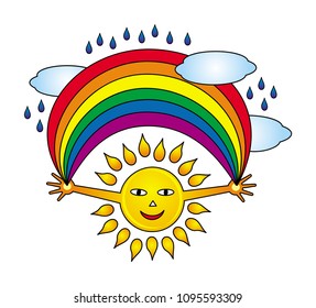 A smiling joyful sun holds a rainbow with clouds and raindrops. Vector graphics.