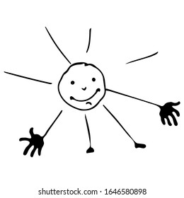 Smiling joyful sun with  palm and legs, ready to hug. Shrovetide, the arrival of spring, the expectation of summer. Vector doodle in doodle style, black lines on white, hand-drawn, icon, logo, sign.