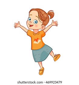 Smiling jumping girl. Vector cartoon isolated schoolgirl with a fox head on the shirt.