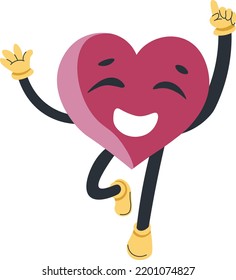 Smiling and jumping heart, cute creature with hands cheering. Happy emotions and content, Saint Valentines day holiday celebration. Funny character, isolated personages. Vector in flat style
