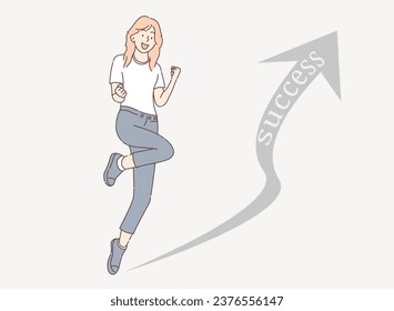 smiling jumping woman with a rising arrow symbol that says success vector illustration