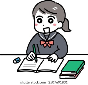 Smiling junior high school girl studying alone