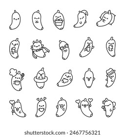 Smiling kawaii banana. Coloring Page. Cartoon character. Hand drawn style. Vector drawing. Collection of design elements.