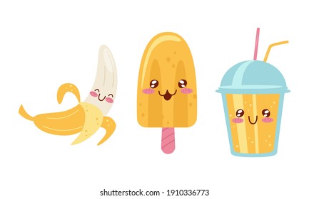 Smiling Kawaii Banana and Ice Cream with Face Vector Set