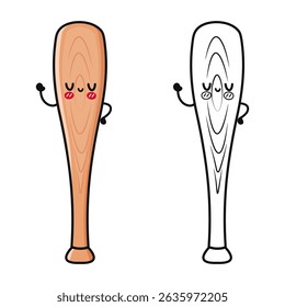 Smiling kawaii baseball bat with rosy cheeks, radiating cheerful energy in colorful and monochrome variations, ideal for whimsical graphics