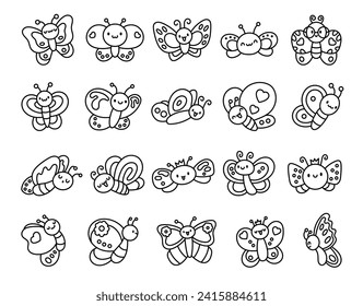 Smiling kawaii butterfly. Coloring Page. Cute cartoon funny insects. Hand drawn style. Vector drawing. Collection of design elements.