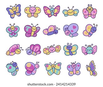 Smiling kawaii butterfly. Cute cartoon funny insects. Hand drawn style. Vector drawing. Collection of design elements.