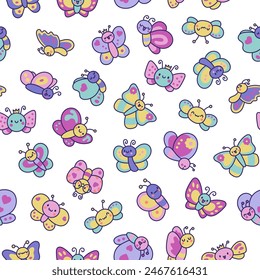 Smiling kawaii butterfly. Seamless pattern. Cute cartoon funny insects. Hand drawn style. Vector drawing. Design ornaments.