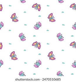 Smiling kawaii butterfly. Seamless pattern. Cute cartoon funny insects. Hand drawn style. Vector drawing. Design ornaments.