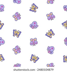 Smiling kawaii butterfly. Seamless pattern. Cute cartoon funny insects. Hand drawn style. Vector drawing. Design ornaments.