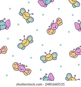 Smiling kawaii butterfly. Seamless pattern. Cute cartoon funny insects. Hand drawn style. Vector drawing. Design ornaments.