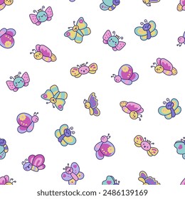 Smiling kawaii butterfly. Seamless pattern. Cute cartoon funny insects. Hand drawn style. Vector drawing. Design ornaments.