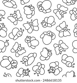 Smiling kawaii butterfly. Seamless pattern. Coloring Page. Cute cartoon funny insects. Hand drawn style. Vector drawing. Design ornaments.