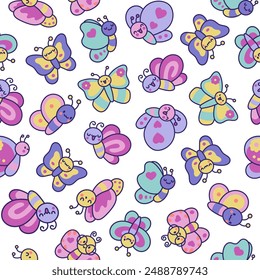 Smiling kawaii butterfly. Seamless pattern. Cute cartoon funny insects. Hand drawn style. Vector drawing. Design ornaments.