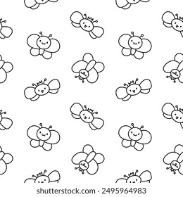 Smiling kawaii butterfly. Seamless pattern. Coloring Page. Cute cartoon funny insects. Hand drawn style. Vector drawing. Design ornaments.