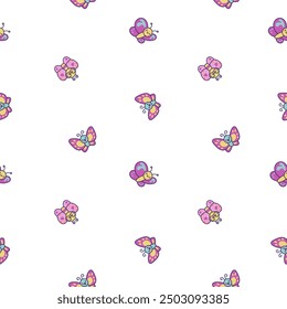 Smiling kawaii butterfly. Seamless pattern. Cute cartoon funny insects. Hand drawn style. Vector drawing. Design ornaments.
