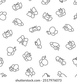 Smiling kawaii butterfly. Seamless pattern. Coloring Page. Cute cartoon funny insects. Hand drawn style. Vector drawing. Design ornaments.