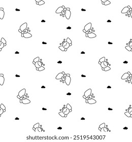 Smiling kawaii butterfly. Seamless pattern. Coloring Page. Cute cartoon funny insects. Hand drawn style. Vector drawing. Design ornaments.