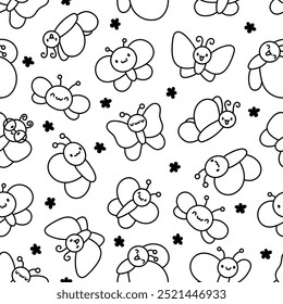 Borboleta kawaii sorridente. Padrão contínuo. Página de cores. Insetos engraçados de desenhos animados bonitos. Estilo desenhado à mão. Desenho vetorial. Desenhar ornamentos.