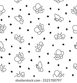 Smiling kawaii butterfly. Seamless pattern. Coloring Page. Cute cartoon funny insects. Hand drawn style. Vector drawing. Design ornaments.