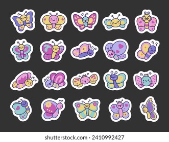 Smiling kawaii butterfly. Sticker Bookmark. Cute cartoon funny insects. Hand drawn style. Vector drawing. Collection of design elements.