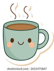 Smiling kawaii coffee cup in soft pastel tones. Ideal for cafe branding, cozy prints, planner stickers, or nursery wall art with warm vibes