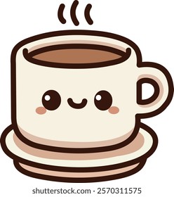 Smiling kawaii cup of hot coffee with steaming aroma on a saucer