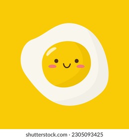 Smiling Kawaii fried egg. Funny Kawaii egg yolk. Fried egg character in kawaii style. Isolated on a yellow background. Vector illustration in flat cartoon style.