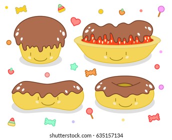 Smiling kawaii pastry with chocolate topping such as muffin, strawberry tart, donut and eclair (set of four illustrations)