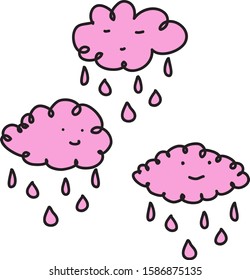 Smiling kawaii pink clouds with drops .Set. Vector illustration. Weather concept design. Isolated elements on white background.