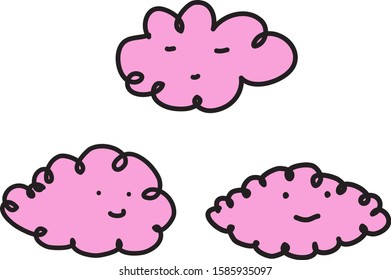 Smiling kawaii pink clouds.Set. Vector illustration. Weather concept design. Isolated elements on white background.