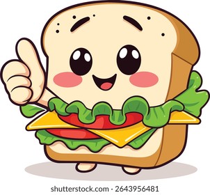 Smiling Kawaii Sandwich with Lettuce, Tomato, Cheese and Thumbs Up – Cartoon Style Vector
