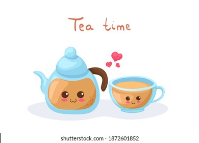 Smiling Kawaii Tea Pot   Cup  Comic funny happy food characters and lettering  Vector cartoon illustration  Use for children menu  bakery  card  stickers  Easy to edit  elements isolated white 