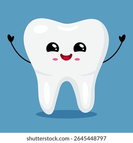Smiling Kawaii Tooth Character on Blue Background