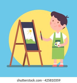 Smiling Kid Artist Painting A Piece Of Art On A Canvas. Standing Near Easel And Holding Palette And Brush. Color Paint Lesson. Modern Flat Style Vector Illustration Cartoon Clipart.