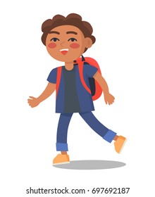 Smiling kid in blue jacket and jeans with red rucksack vector illustration isolated on white. Happy child with pink cheeks cartoon character in flat style