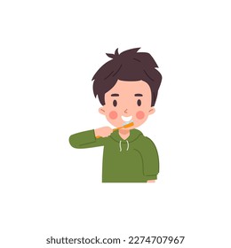 Smiling kid boy brushing teeth flat style, vector illustration isolated on white background. Dental health and hygiene, happy emotional child, daily routine