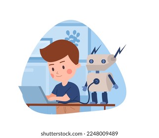 Smiling kid boy programming robot connected to laptop flat style, vector illustration isolated on white background. Clever child, education and hobby, modern technologies