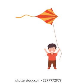 Smiling kid boy standing with kite in his hands, flat cartoon vector illustration isolated on white background. Happy childhood and active games for children outdoors.