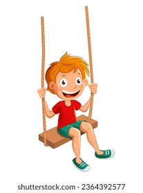 Smiling kid boy swinging on swing. Joyful young child having fun. Isolated vector cartoon illustration

