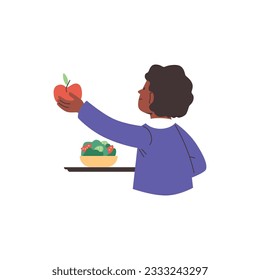 Smiling kid boy with tray of food takes apple flat style, vector illustration isolated on white background. Lunch time, decorative design element, portion of salad
