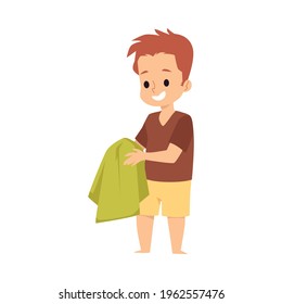 Smiling kid boy wipe the clean hands with green towel. Healthy habits and daily hygiene for children. Flat cartoon vector illustration isolated on white.