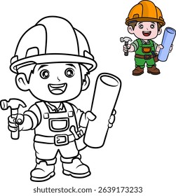 Smiling kid builder outline with hammer and blueprint, perfect for children's construction-themed coloring pages and activities