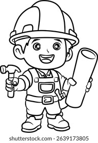 Smiling kid builder outline with hammer and blueprint, perfect for children's construction-themed coloring pages and activities