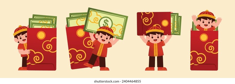 Smiling Kid Character Celebrates Chinese New Year with a Large Red Envelope Full of Money in a Festive Cultural Tradition, Vector, Illustration